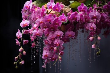 A vertical frame of hanging orchids with a dramatic cascade of pink petals against a dark background