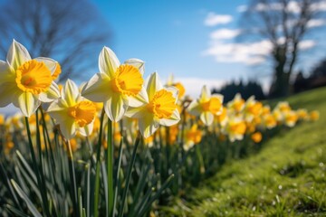 Obraz premium A vibrant row of daffodils against a bright blue sky with blurred trees in the background