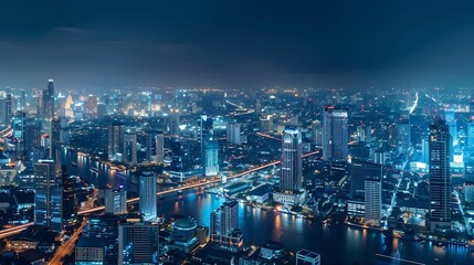 Banner smart city dot point connect with gradient line connection technology metaverse concept Bangkok city background at night with big data in Thailand Panorama view : Generative AI