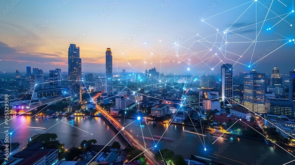 Poster Wireless network and Connection technology concept with Abstract Bangkok city background : Generative AI