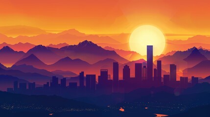 Naklejka premium Majestic Silhouette of City Skyline Against Mountain Backdrop