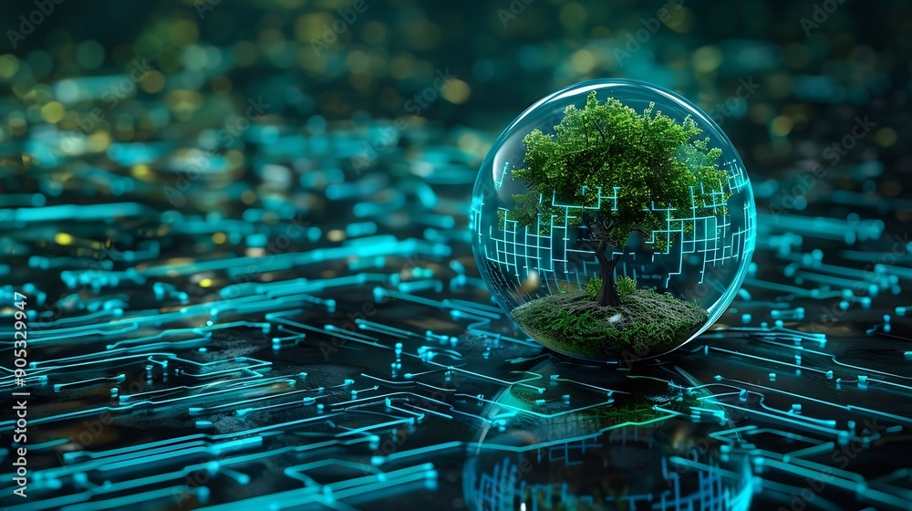 Poster Tree growing on Circuit digital ball Digital and Technology Convergence Blue light and Wireframe network background Green Computing Green Technology Green IT csr and IT ethics Concept : Generative AI