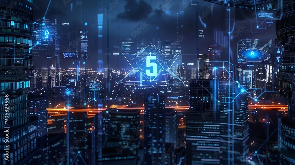 Poster 5g network digital hologram and internet of things on city background5g network wireless systems : g
