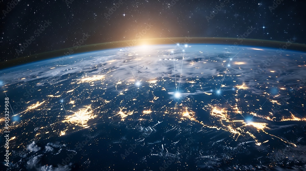 Poster Global world network and Communication technology conceptbig dataiot Solutionnew normaldigital twinvrwireless and 5g for internet business on earthElements of this image furnished by N : Generative AI