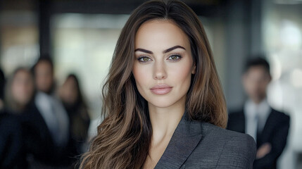 Obraz premium Confident Young Professional A Successful and Good-Looking Woman Team Leader Start-up CEO Lawyer or Boss in an Office Setting Exemplifying Leadership and Professionalism with Her Team in the Back