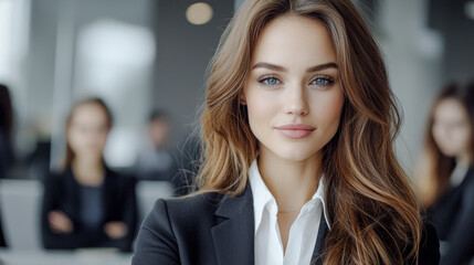 Fototapeta premium Confident Young Professional A Successful and Good-Looking Woman Team Leader Start-up CEO Lawyer or Boss in an Office Setting Exemplifying Leadership and Professionalism with Her Team in the Back
