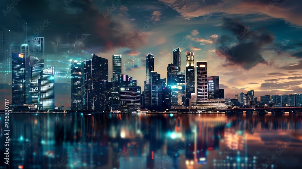 Poster modern cityscape and communication network concept internet of things ict information communication 