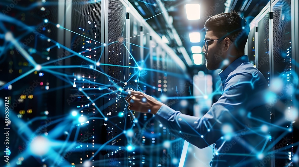 Fototapete Big data digital technology abstract background data science internet network connection technology concept Man using computer line and dot connection cloud computing innovation techno : Generative AI