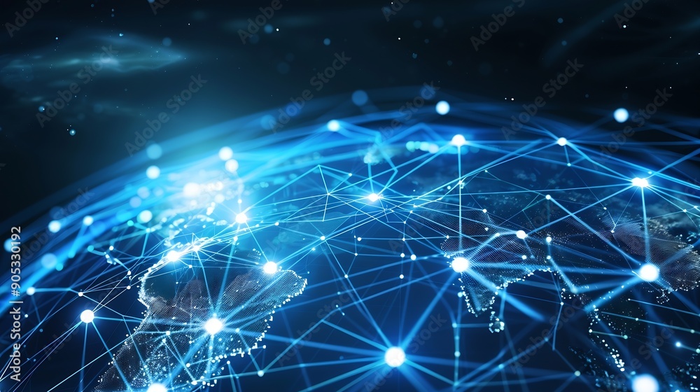 Aufkleber Communication technology with global internet network connected around the world Telecommunication and data transfer international connection links IoT finance business blockchain secu : Generative AI