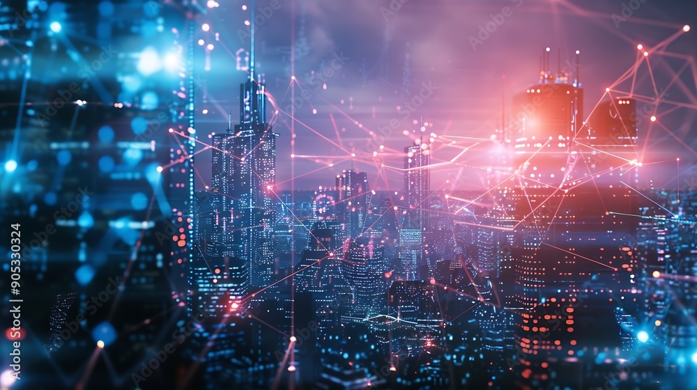 Fototapete Smart digital city with globalization abstract graphic showing connection network  Concept of future 5G smart wireless digital city and social media networking systems : Generative AI