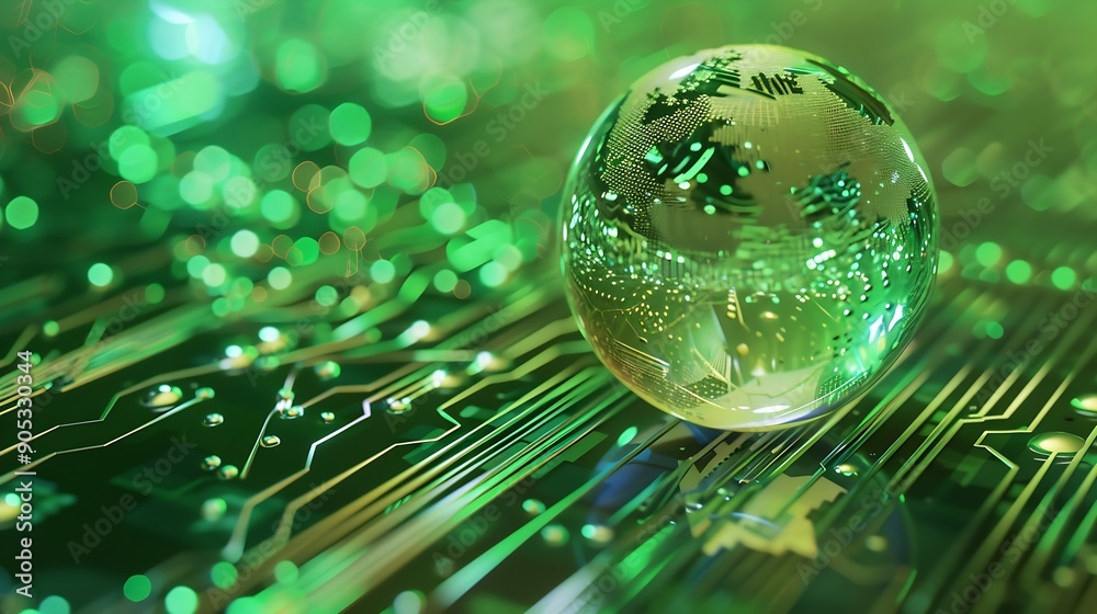 Poster Concept of green technology crystal globe on circuit board technology innovations Environment Green Technology Computer ChipGreen Computing and Technology CSR and IT ethics Ai : Generative AI