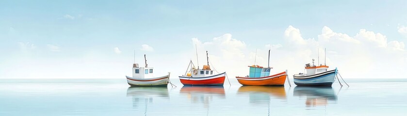 Obraz premium Four colorful fishing boats reflected in calm water on a sunny day, with a clear blue sky and fluffy clouds in the background.