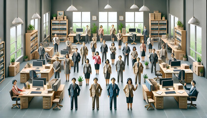 Obraz premium Professional Origami Office: Diverse Team in Modern Workspace with Desks, Computers, and Natural Light