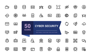 Set of Cyber security web icons in line style. Related to Guard, password, safety, key, shield. Minimalist thin linear web ui icon set. Simple editable vector stroke illustration.