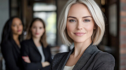 Confident Young Professional A Successful and Good-Looking Woman Team Leader Start-up CEO Lawyer or Boss in an Office Setting Exemplifying Leadership and Professionalism with Her Team in the Back