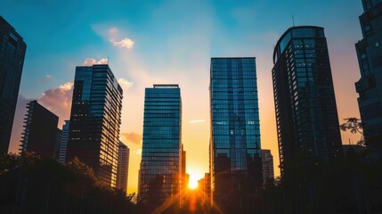 Fototapeta premium Urban Skyline Silhouettes at Dusk - Contemporary Cityscape with Evening Glow and Skyscrapers in Shadows