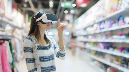 Young woman wearing VR headset in a store.
