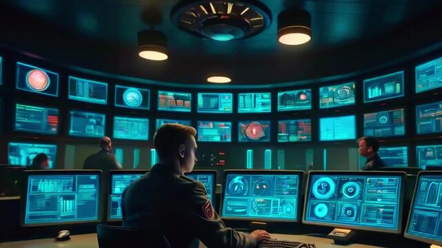 The video shows a dark room with many computer screens displaying data and information. There are several people in the room, and one is sitting at a computer desk facing away from the camera.