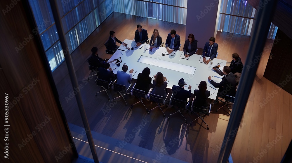 Poster group of business people are gathered in a meeting room discussing and sharing ideas around a large 