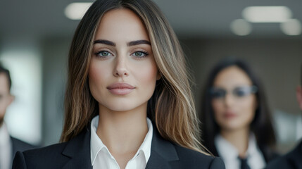 Confident Young Professional A Successful and Good-Looking Woman Team Leader Start-up CEO Lawyer or Boss in an Office Setting Exemplifying Leadership and Professionalism with Her Team in the Back