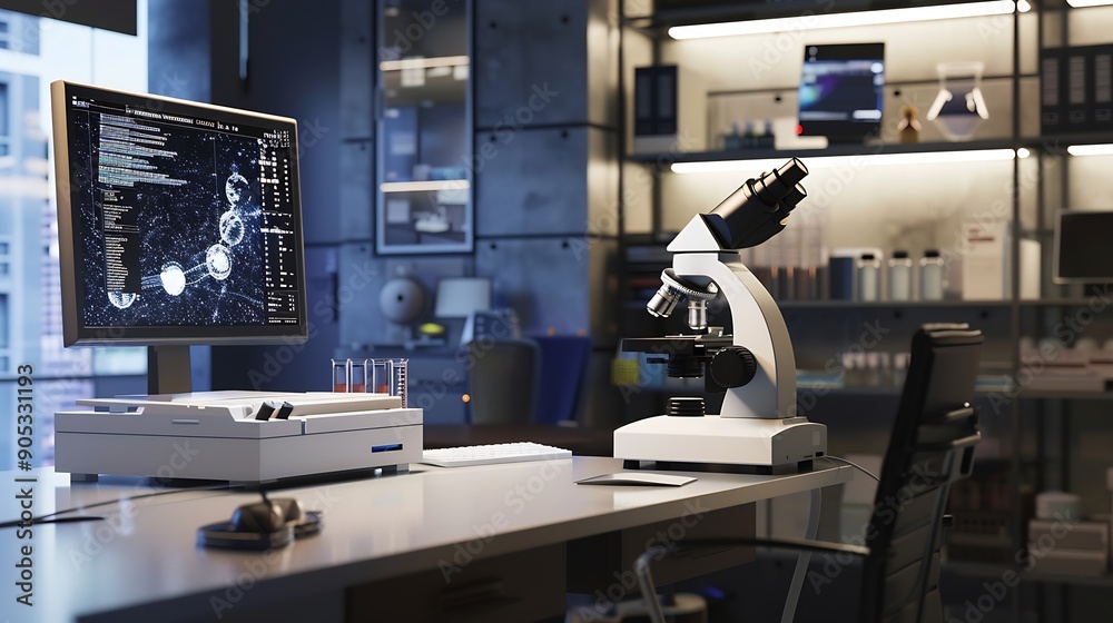 Aufkleber Empty room and microscope with computer in laboratory for medical workspace science and innovation for research breakthrough Interior equipment and desktop with technology for experime : Generative AI