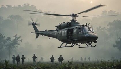 A military helicopter hovering above a dense Vietnamese jungle in heavy rain, with soldiers rappelling down into the thick greenery below.
