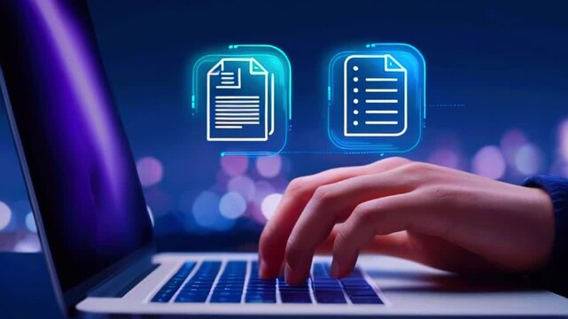 A person's hand is typing on a laptop keyboard. Two icons, one of a document and one of a checklist, are hovering above the keyboard.