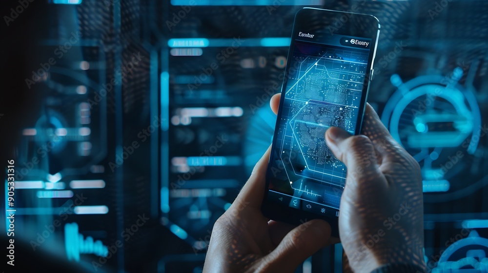 Fototapete man shows use of artificial intelligence ai technology to access malicious software with smartphone 