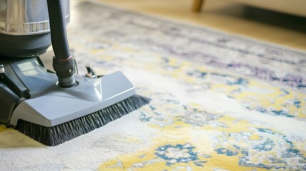 Close-up of a vacuum cleaner cleaning a patterned carpet.