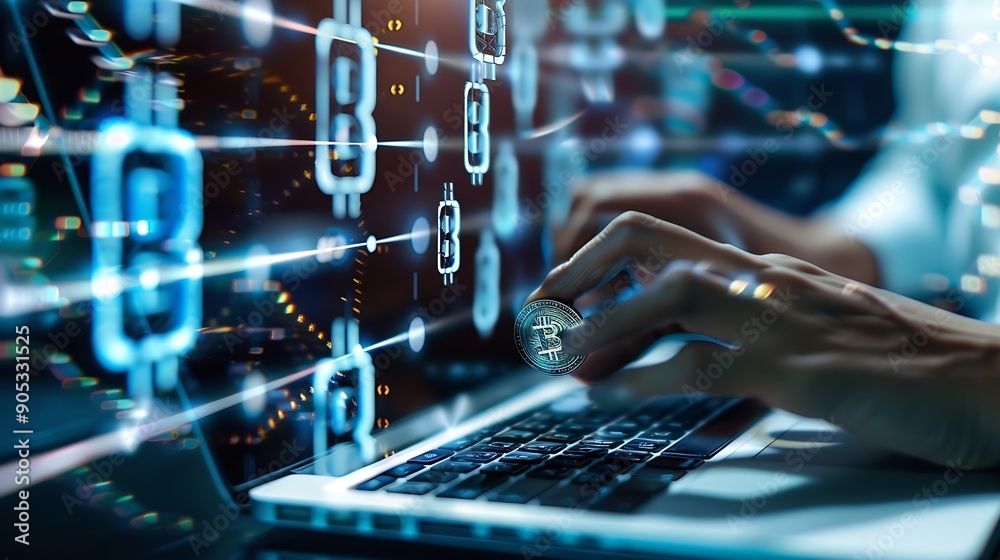 Fototapete Blockchain technology transaction concept Businessman use laptop on blockchain global networking data network connect Internet cyber security binary coded Crypto chain blockchain techn : Generative AI