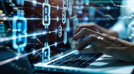 Blockchain technology transaction concept Businessman use laptop on blockchain global networking data network connect Internet cyber security binary coded Crypto chain blockchain techn : Generative AI