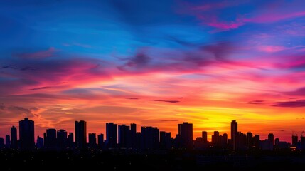Fototapeta premium Serene Silhouette of City Skyline Against Vibrant Sunset Sky