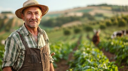 Fototapeta premium Smiling Farmer Working in Lush Green Fields During Golden Hour at Rural Farm. Generative AI