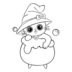 Halloween line drawing of a little witch cat