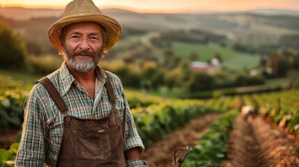 Fototapeta premium A Dedicated Farmer Working in a Vineyard During a Vibrant Sunset in Late Summer. Generative AI