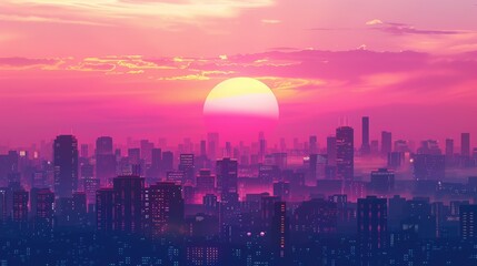 Obraz premium Tranquil City Silhouette at Pink Sunset - Urban Skyline in Twilight Gradient with Vibrant Colors and Serene Evening Atmosphere
