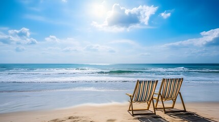 Fototapeta premium Two chairs facing the ocean on a sunny day.