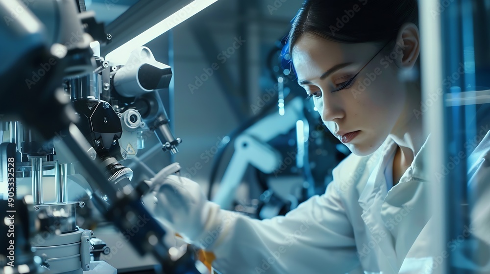 Aufkleber Factory Female Industrial Engineer working with automation robot arms machine in intelligent factory industrial on real time monitoring system softwareDigital future manufacture : Generative AI