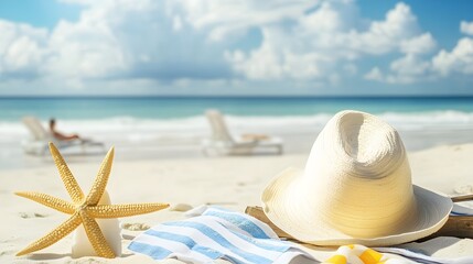 A white sunhat lies on a towel on the beach with a starfish nearby.