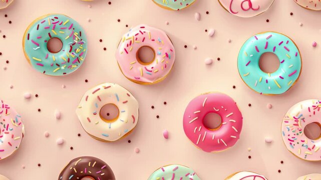 Animated video background with seamless loop of different colored donuts, endless movement animation