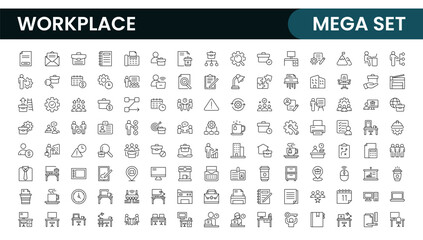 Workplace web icons in line style. Employ, conference, project, document, business, work, support, contact us, productivity strategy, collection.