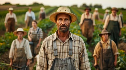 Fototapeta premium Dedicated Farmers Working Together in a Sunrise Field Near Their Vineyard. Generative AI