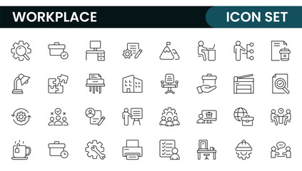 Workplace web icons in line style. Employ, conference, project, document, business, work, support, contact us, productivity strategy, collection.