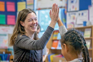 A happy elementary school teacher gives a high-five to a smiling student during class.