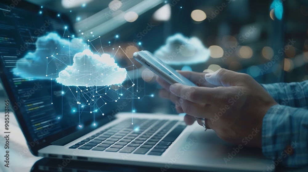 Leinwandbilder Digital technology cloud computing concept Software engineer using mobile smart phone and laptop computer with global network connection Technology innovative and communication concept : Generative AI