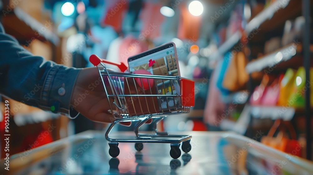 Poster customer add products to cart while online shopping via smart phone on store ecommerce marketing sup