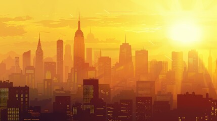 Fototapeta premium Serene Cityscape Silhouette Against Glowing Golden Sky at Sunset