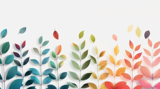 A minimalist border design featuring a spectrum of colorful foliage in a rainbow pattern. The image includes generous copy space, making it suitable for various creative projects that require a