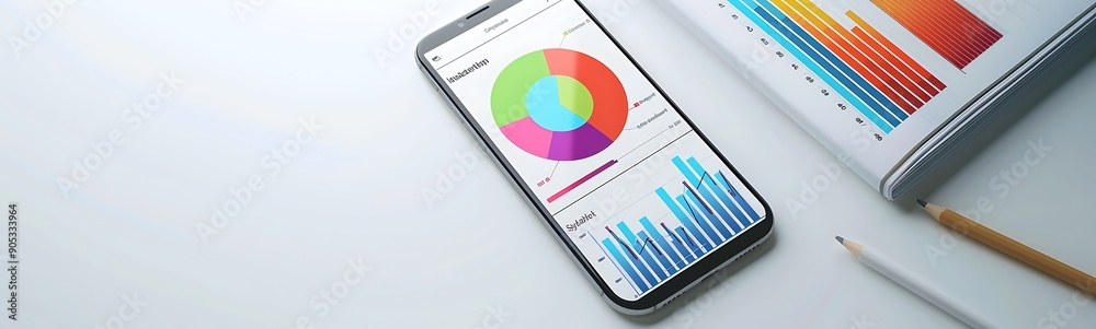 Aufkleber Solid White Background with Smartphone Displaying Business Analytics, Ample Copy Space