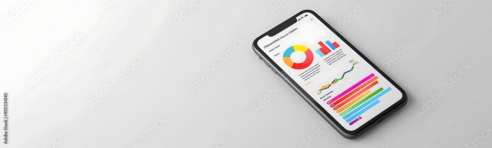 Poster Solid White Background with Smartphone Displaying Business Analytics, Ample Copy Space